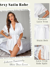 201 White-Women's Satin Short Robe with Lace Trim